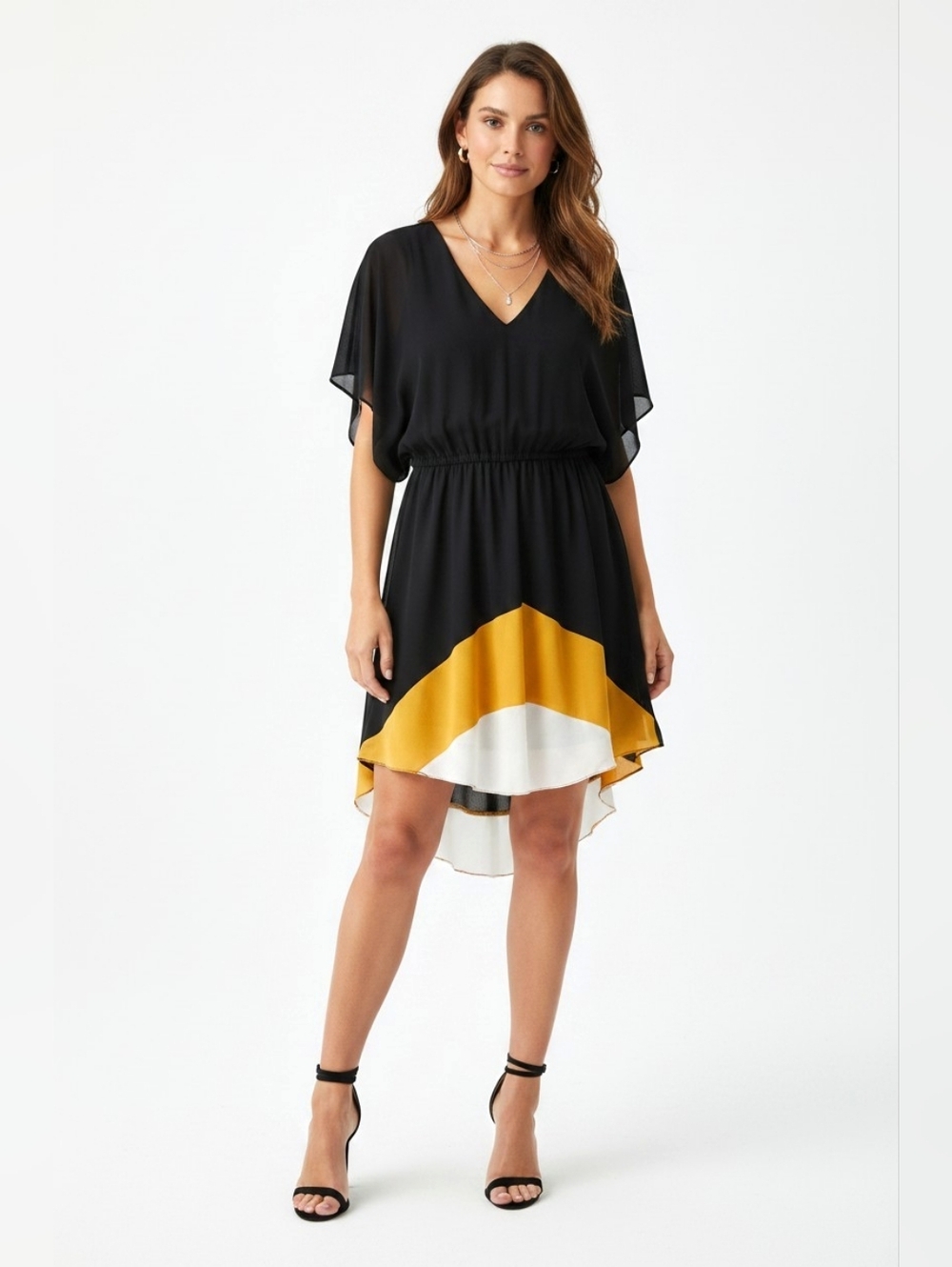 Enfocus Studio Dress Sz 10P Navy Blue Yellow Sleeveless Colorblock Cocktail Glam